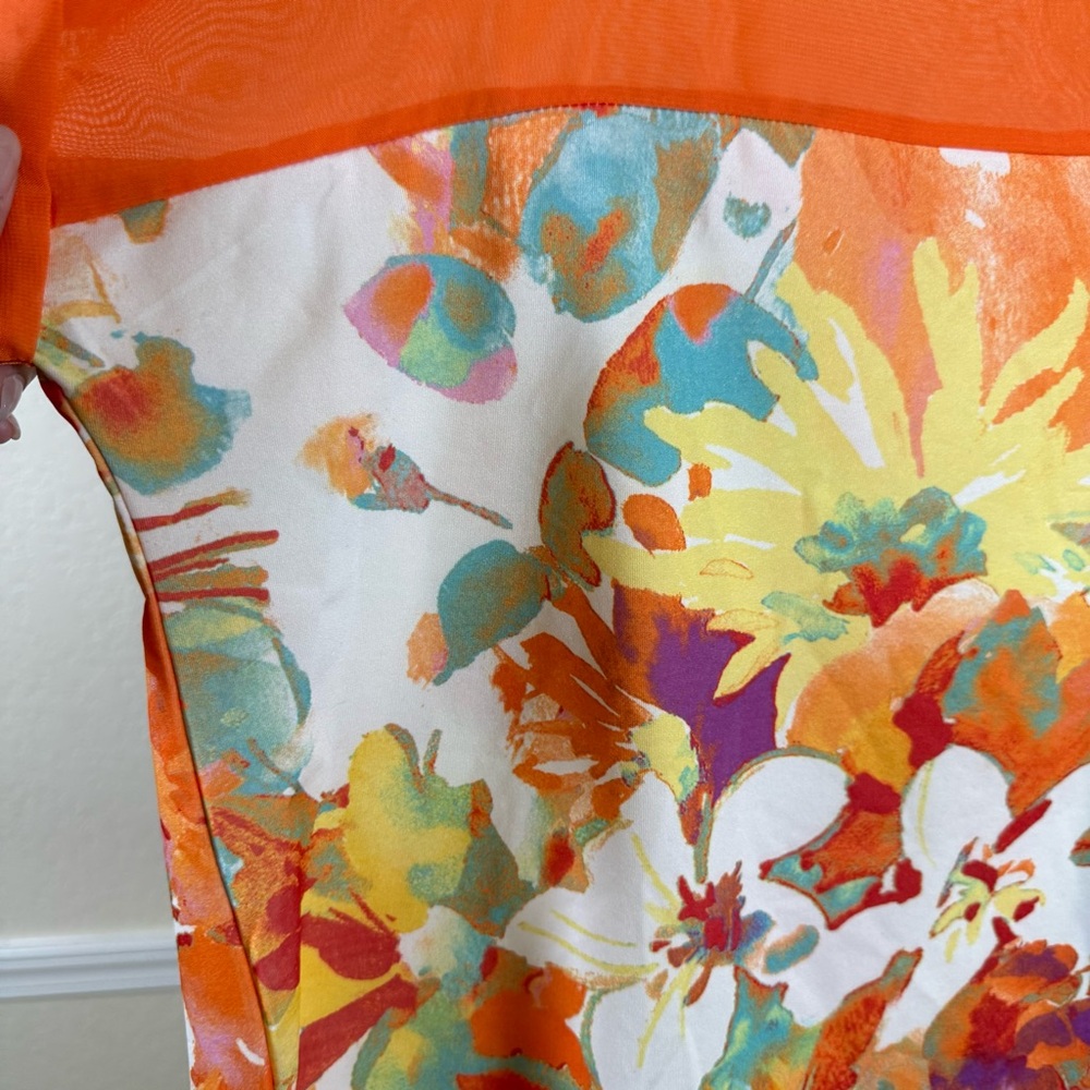 Tropical Floral Orange Colorblock Lightweight Beach Vacation Summer Resort Top - Picture 4 of 9